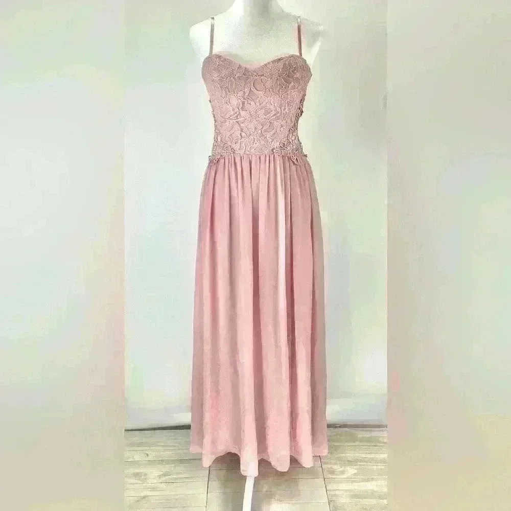 7 CITY TRIANGLES Women Juniors Pink Dress maxi lace sparkle lined sleeveless D18